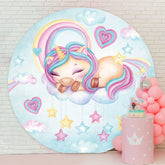 Aperturee - Blue Sky And Pink Unicorn Round Happy Birthday Backdrop